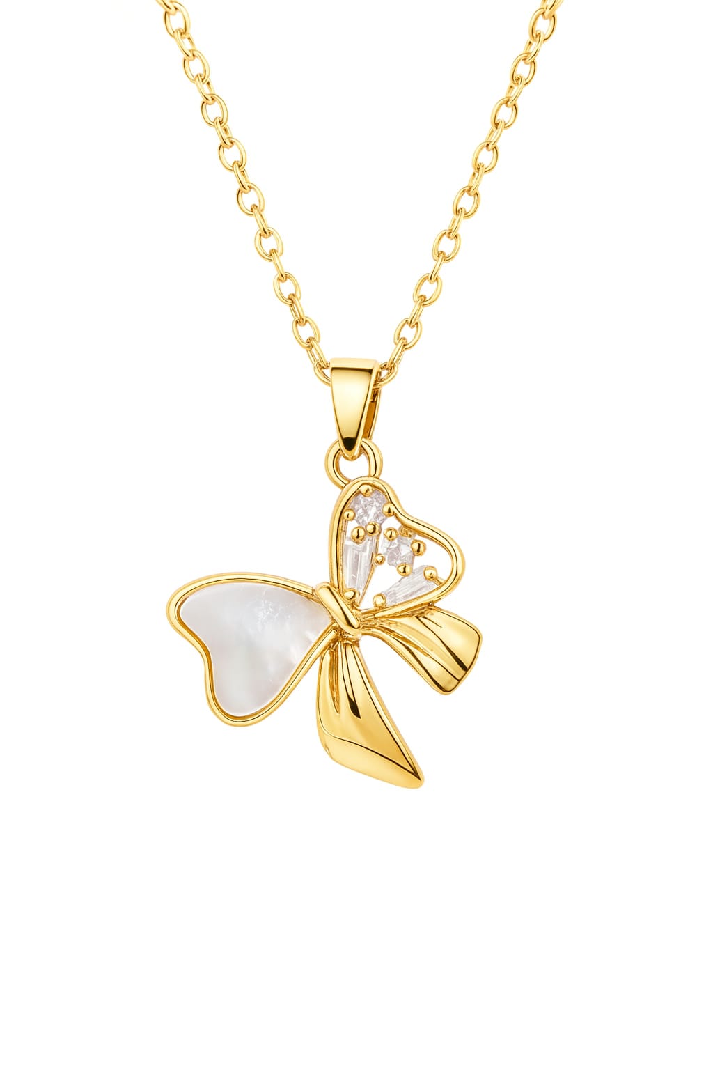 Stainless Steel Crystal Bow Pendant Necklace – Gold