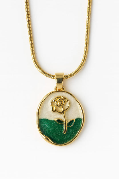 Stainless Steel Circular Rose Pendant Necklace with Enamel Design – Gold