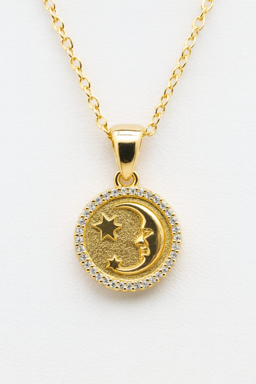 Stainless Steel Moon and Star Pendant Necklace – Gold