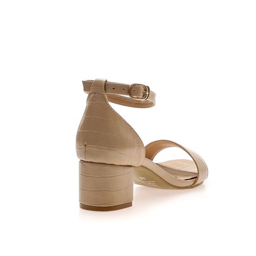 Faux Leather Ankle Strap Block Heel Sandals – Beige