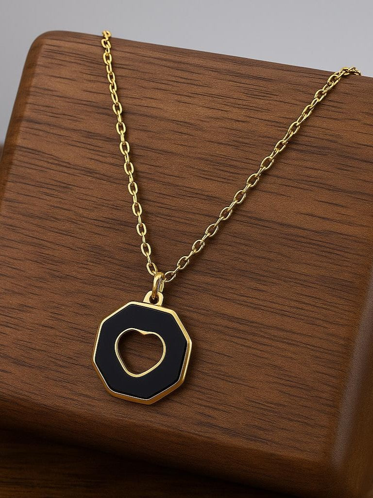 Stainless Steel Octagonal Heart Cut-Out Pendant Necklace – Gold