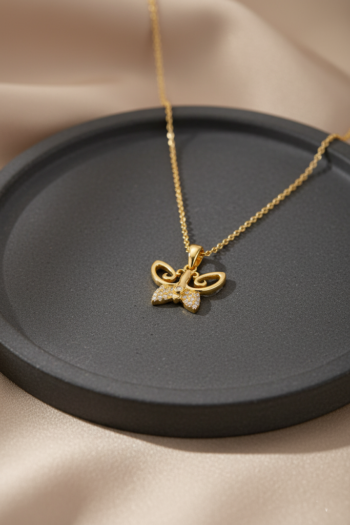 Stainless Steel Crystal Butterfly Pendant Necklace – Gold