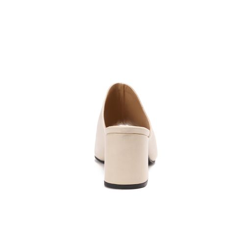 Peep-Toe Block Heel Mules - Light Beige