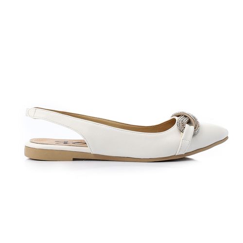 Faux Leather Embellished Slingback Flats – White