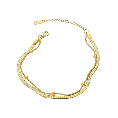 Stainless Steel Double Layer Flat Chain Beaded Bracelet – Gold