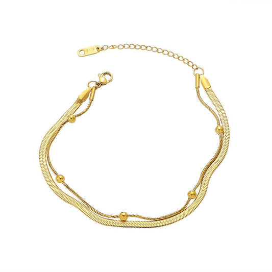 Stainless Steel Double Layer Flat Chain Beaded Bracelet – Gold