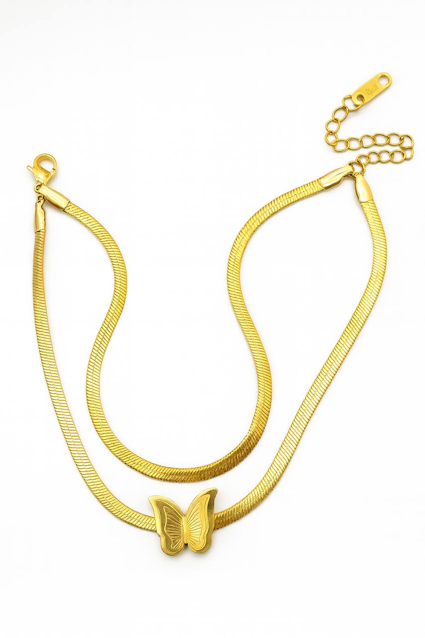 Stainless Steel Double Snake Chain Butterfly Charm Bracelet – Gold