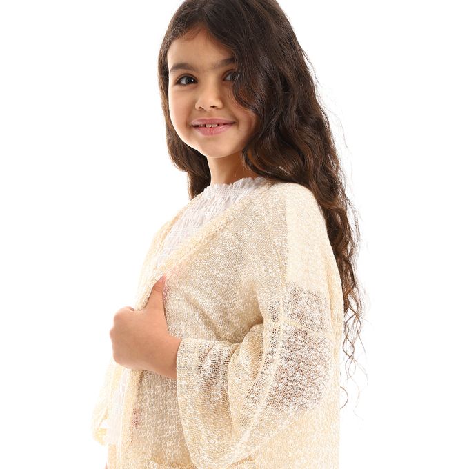 3/4 Sleeves Knitted Pattern Open Neckline Girls Cardigan Set
