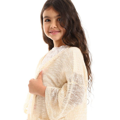 3/4 Sleeves Knitted Pattern Open Neckline Girls Cardigan Set
