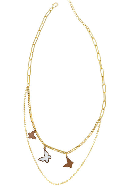 Stainless Steel Layered Butterfly Charm Necklace – Gold