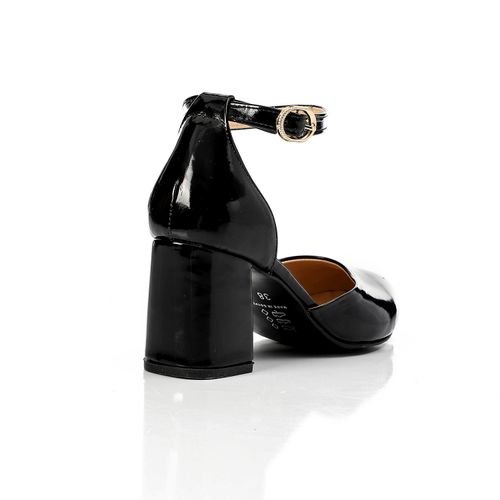 Patent Leather Heeled Shoes with Ankle Strap - Black