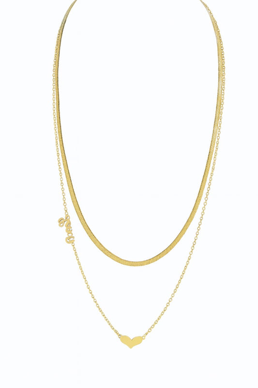 Stainless Steel Layered Heart Pendant Necklace with Snake Chain – Gold