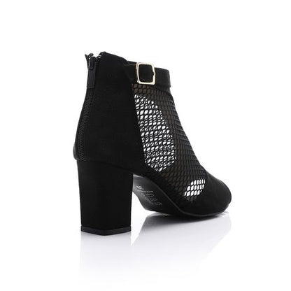 Suede and Mesh Peep-Toe Bootie Sandals - Black