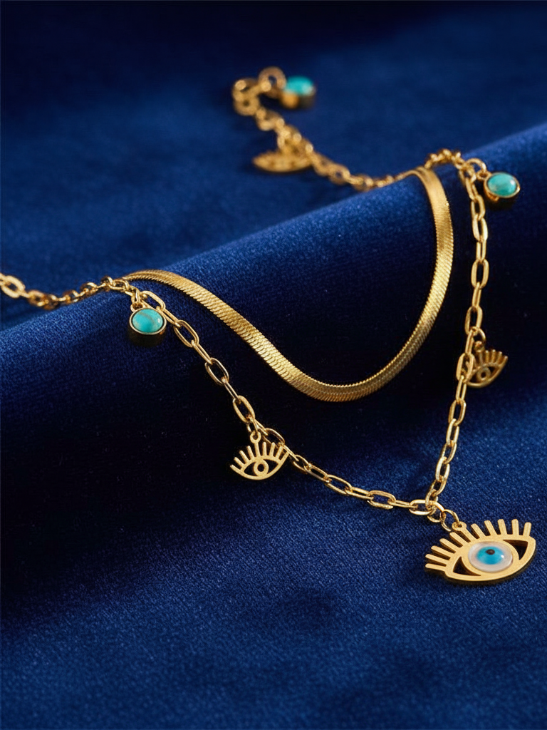 Stainless Steel Layered Evil Eye Charm Necklace – Gold
