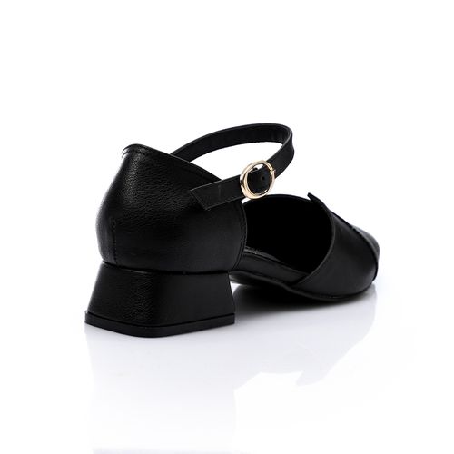 Faux Leather Pointed-Toe Low Block Heel - Black