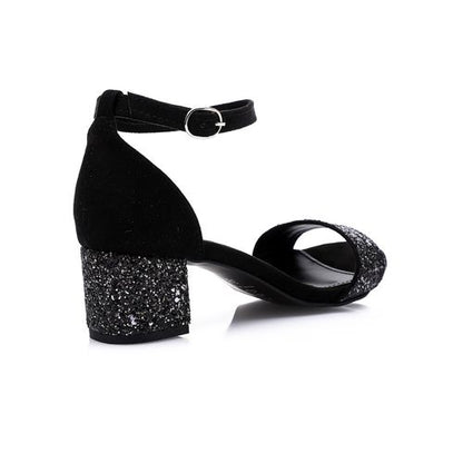 Faux Suede Glitter Block Heel Sandals - Black
