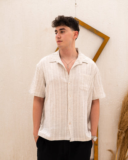 Linen Textured Short Sleeve Shirt - Beige