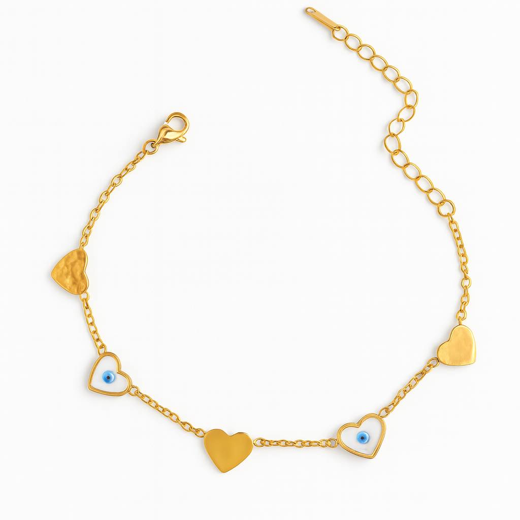 Stainless Steel Hearts & Blue Evil Eye Bracelet – Gold