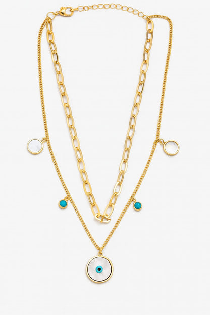 Stainless Steel Layered Evil Eye Charm Necklace Stones – Gold
