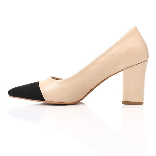 Faux Leather Bi-Tone Cap Toe Block Heels - Beige