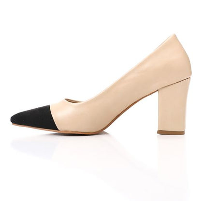 Faux Leather Bi-Tone Cap Toe Block Heels - Beige