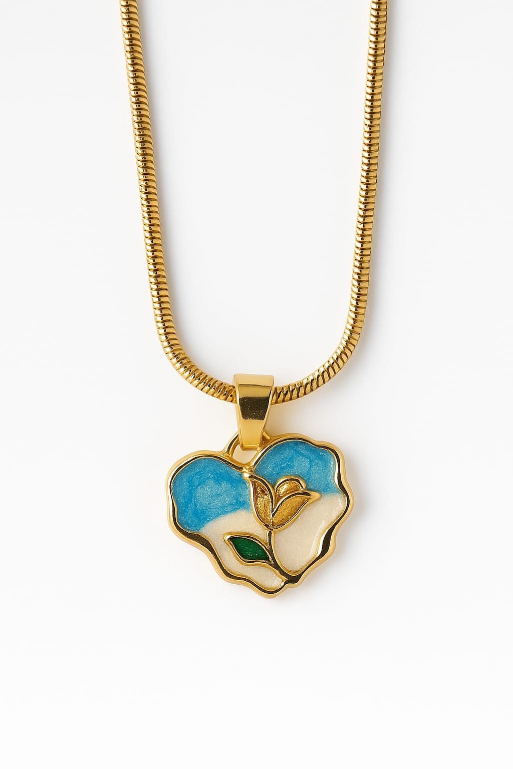 Stainless Steel Enamel Heart Floral Pendant Necklace – Gold