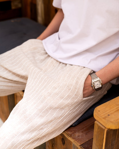 Striped Crude Linen Pants - Beige