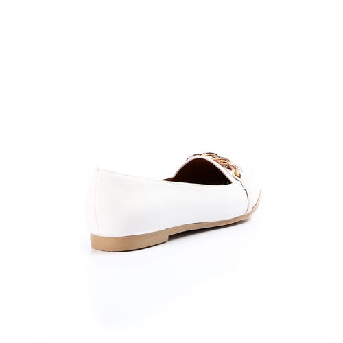 Faux Leather Chain Accent Pointed Flats – White