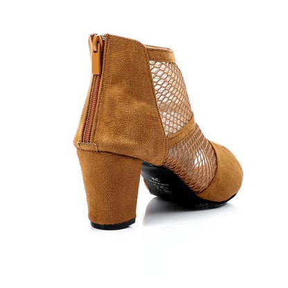 Faux Suede Mesh Peep-Toe Block Heel Sandals – Light Tan