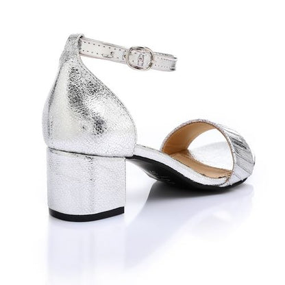 Faux Leather Textured Block Heel Sandals - Silver