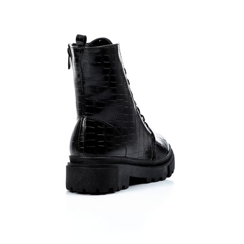 Faux Leather Croc-Embossed Combat Boots - Black
