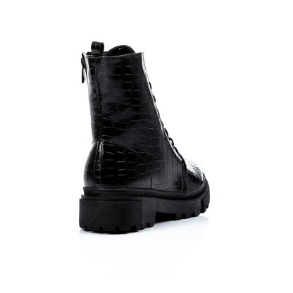 Faux Leather Croc-Embossed Combat Boots - Black
