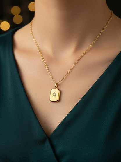 Stainless Steel Rectangular Star Crystal Pendant Necklace – Gold