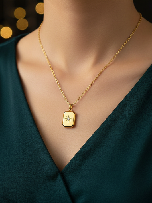 Stainless Steel Rectangular Star Crystal Pendant Necklace – Gold