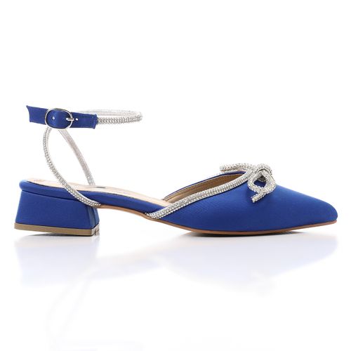Satin Low Block Heel Shoes - Blue