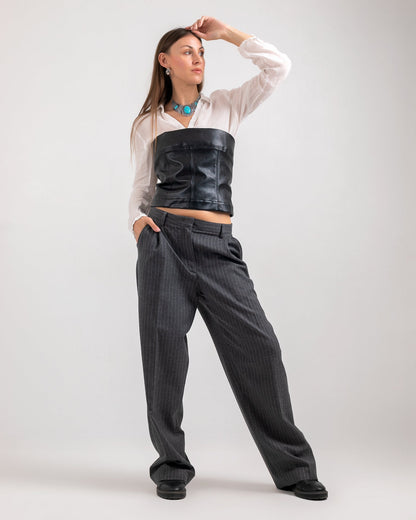 Viscose Striped Wide-Leg Trousers - Dark Grey