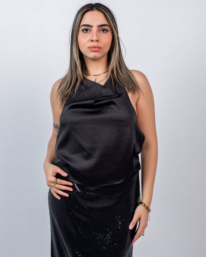 Satin Plain Halter Top – Black