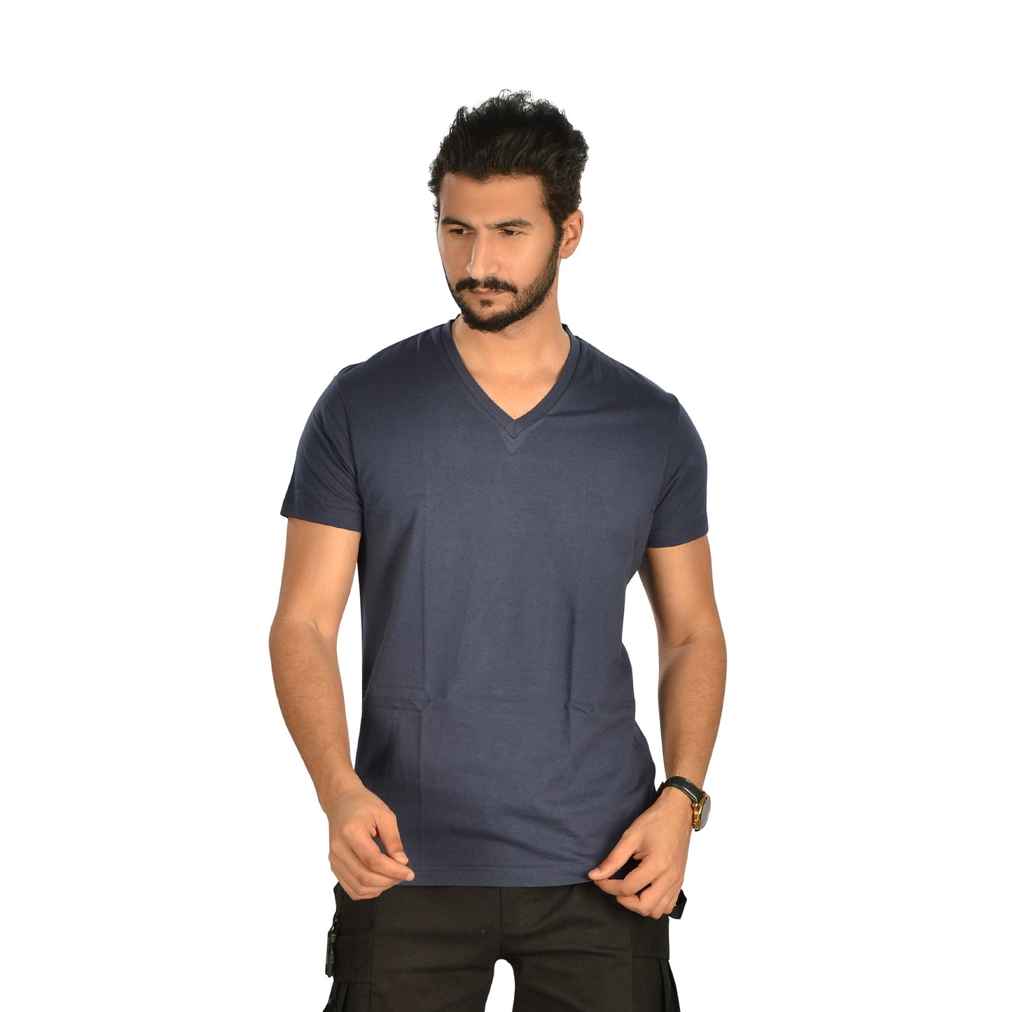 Cotton Lycra Solid V-Neck Short Sleeve T-Shirt – Navy