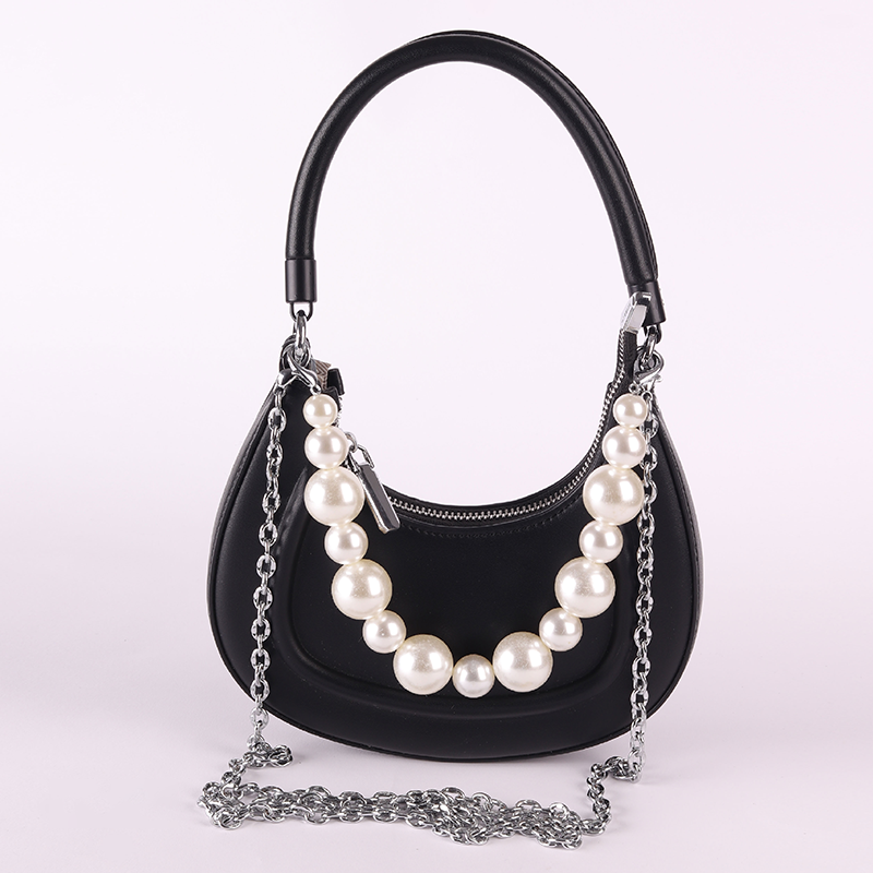 Faux Leather Pearl Chain Shoulder Bag – Black