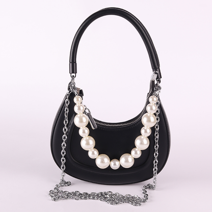 Faux Leather Pearl Chain Shoulder Bag – Black