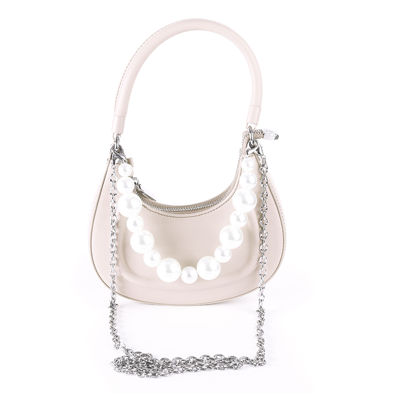 Faux Leather Pearl Chain Shoulder Bag – White