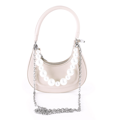 Faux Leather Pearl Chain Shoulder Bag – White