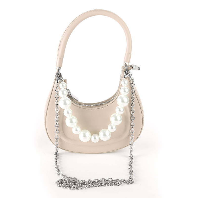 Faux Leather Pearl Chain Shoulder Bag – Beige