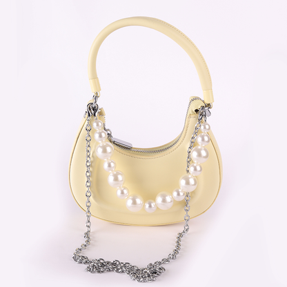 Faux Leather Pearl Chain Shoulder Bag – Yellow