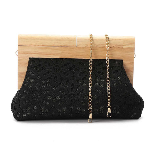 Crochet Floral Pattern Wooden Frame Clutch Shoulder Bag – Black