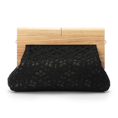 Crochet Floral Pattern Wooden Frame Clutch Shoulder Bag – Black