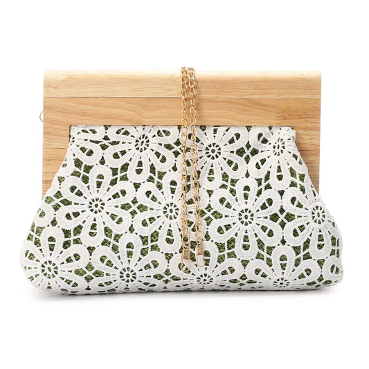 Crochet Floral Pattern Wooden Frame Clutch Shoulder Bag – Green