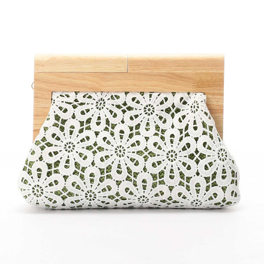 Crochet Floral Pattern Wooden Frame Clutch Shoulder Bag – Green