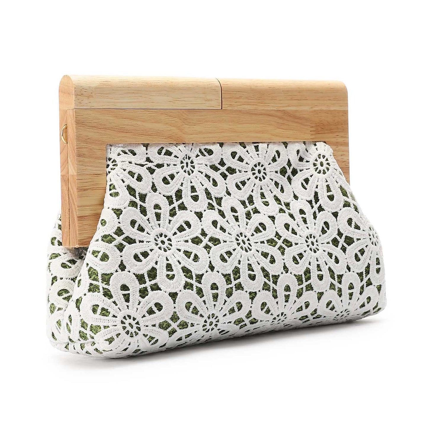 Crochet Floral Pattern Wooden Frame Clutch Shoulder Bag – Green