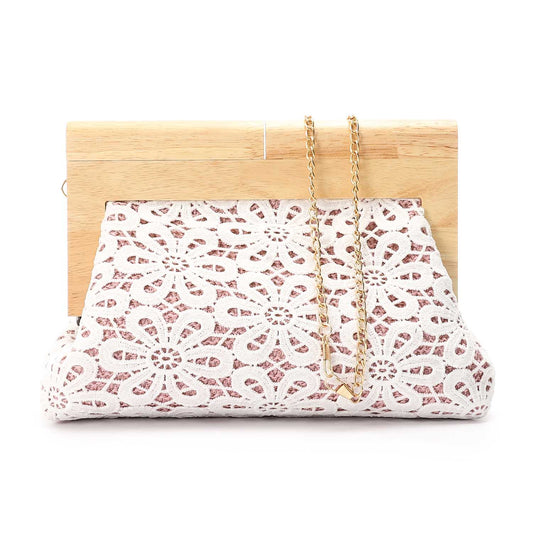 Crochet Floral Pattern Wooden Frame Clutch Shoulder Bag – Pink